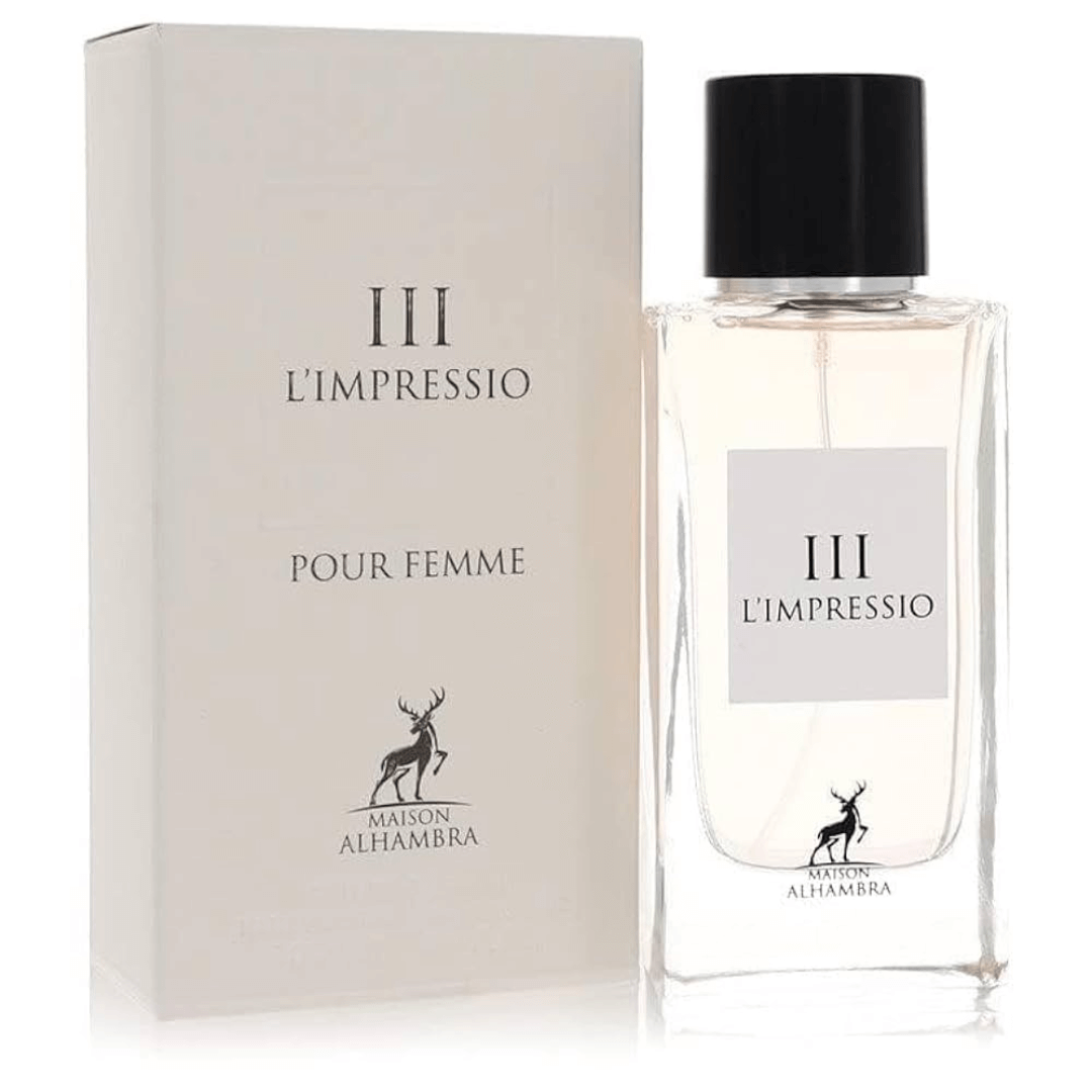 Maison Alhambra L’Impressio III Pour Femme Perfume Spray, 100 mL bottle and box, eau de parfum fragrance packaging.
