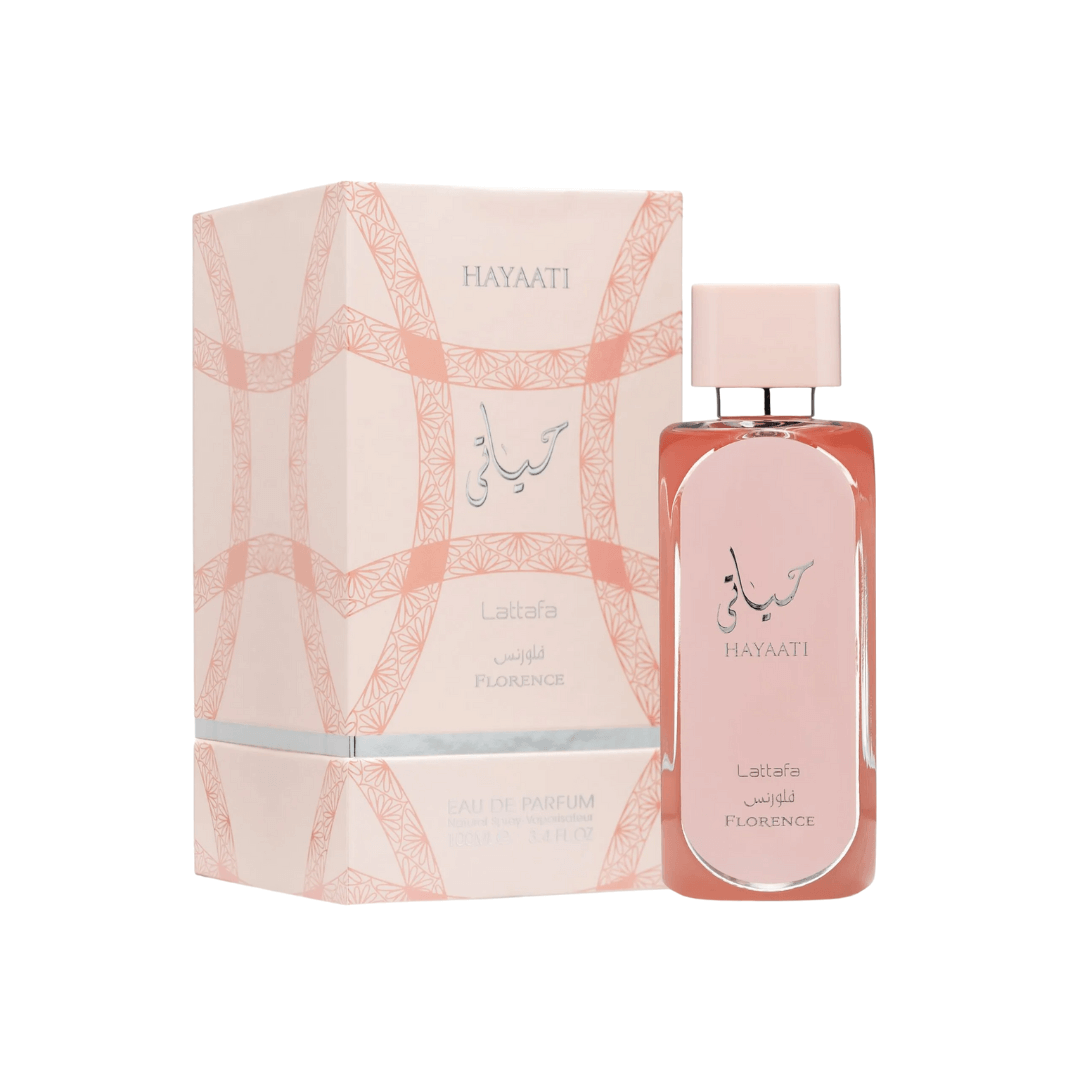 Lattafa Hayaati Florence Perfume Spray, 100 mL (3.4 fl oz) with box; pink perfume bottle and fragrance packaging.