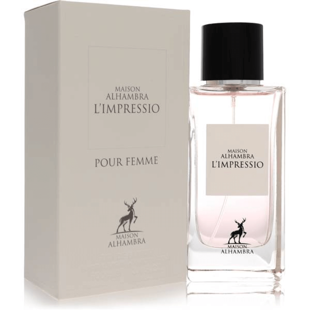 Maison Alhambra L’Impressio Pour Femme Perfume Spray, 100 mL (3.4 fl oz) bottle and packaging
