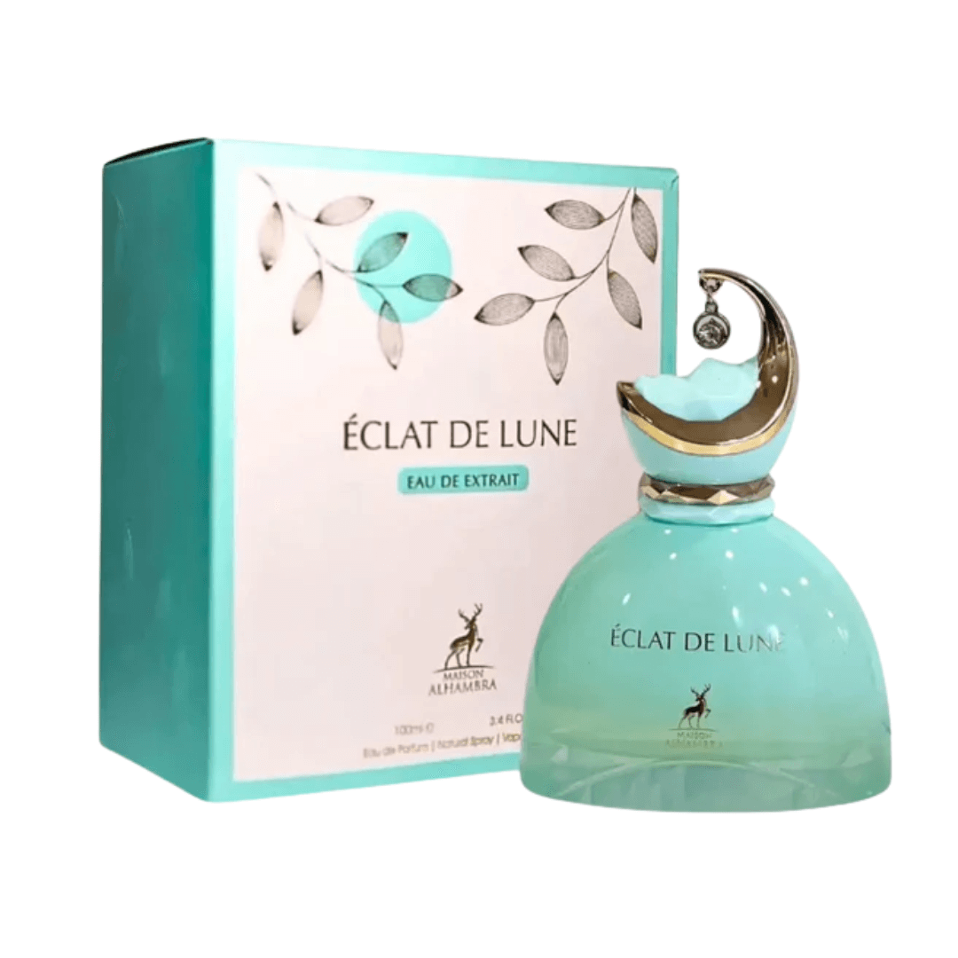 Maison Alhambra Éclat De Lune Perfume Spray, 100 mL (3.4 fl oz) bottle with matching turquoise box; eau de parfum fragrance packaging.