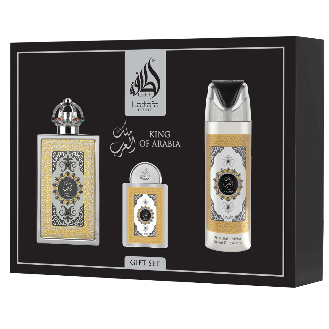 Lattafa Pride King of Arabia Gift Set – Eau de Parfum 100 mL, Perfume Spray 200 mL, Pocket Perfume 20 mL in elegant packaging
