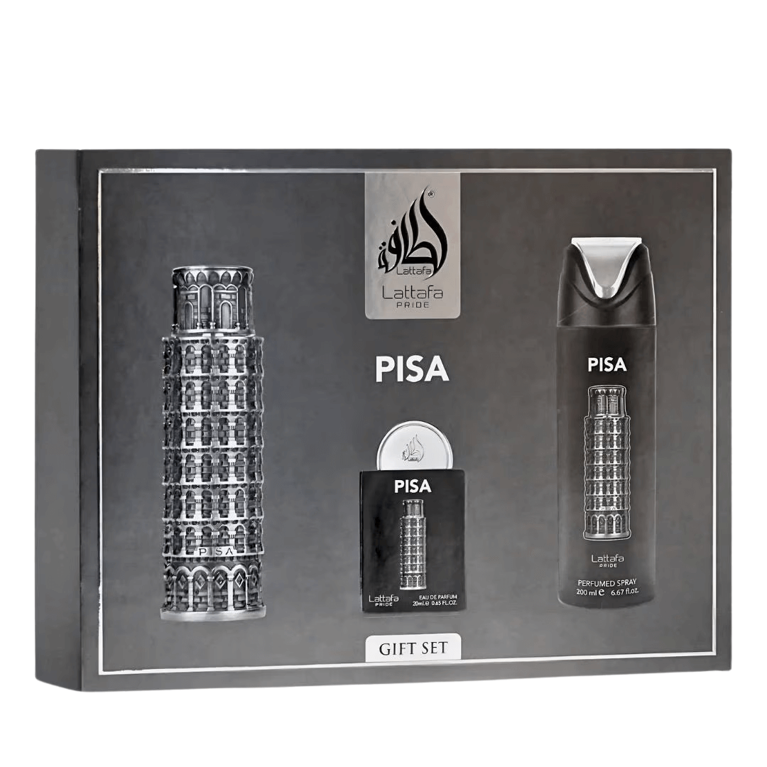 Lattafa Pride Pisa Gift Set – Eau de Parfum 100 mL + Perfume Spray 200 mL + Pocket Perfume 20 mL packaging with Pisa image