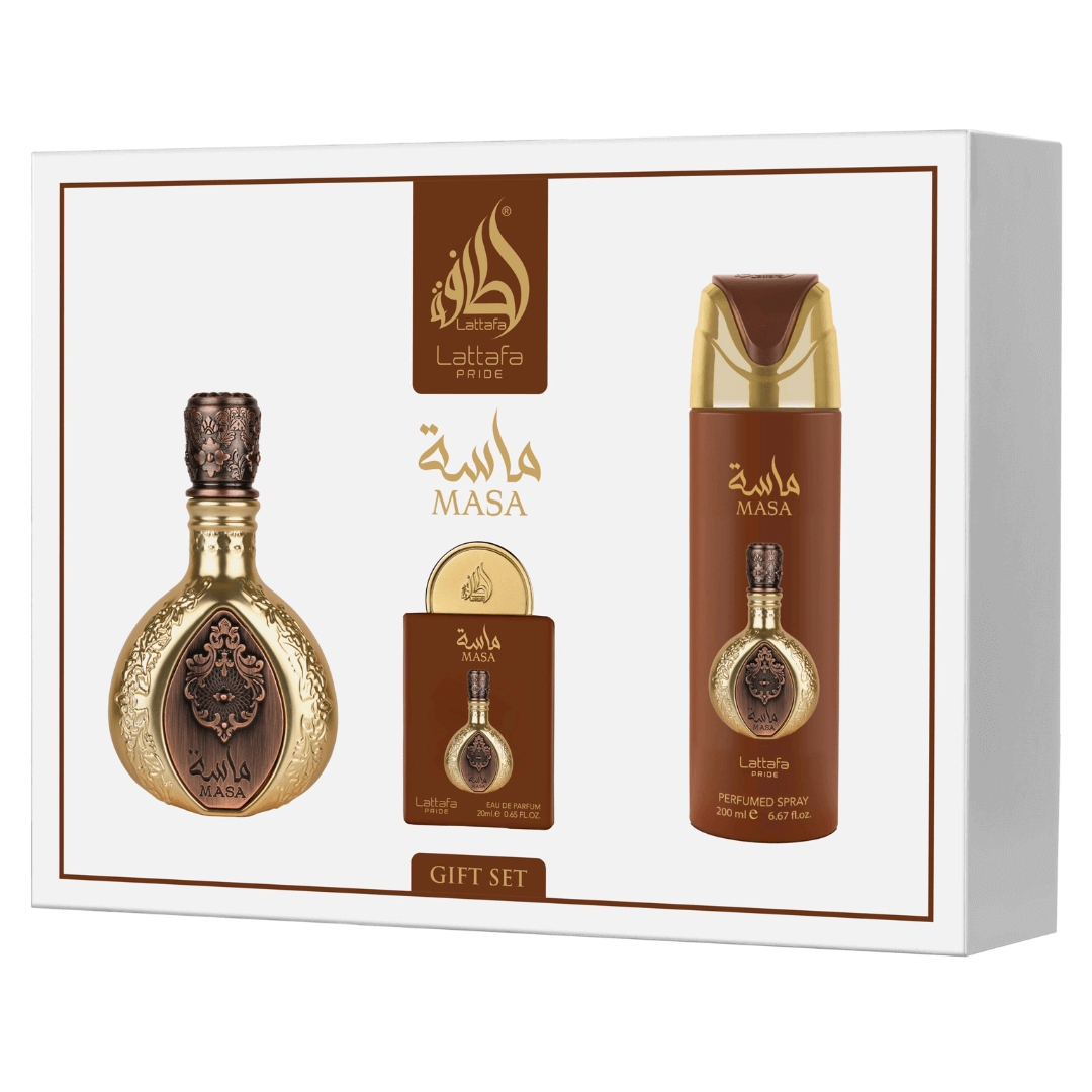 Lattafa Pride Masa Gift Set – Eau de Parfum 100 mL + Perfume Spray 200 mL + Pocket Perfume 20 mL, featuring ornate fragrance packaging