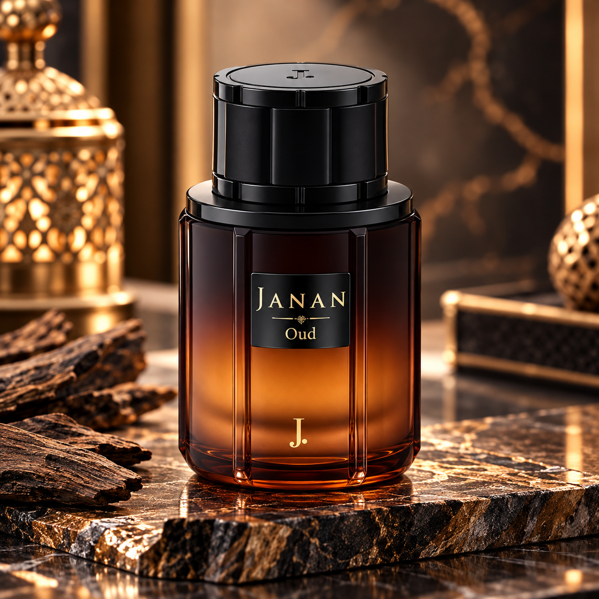 Janan Oud Eau de Parfum for Men bottle in a luxury amber and oud setting