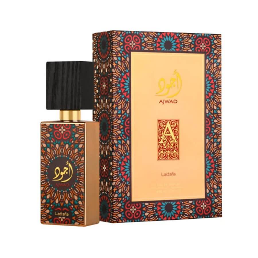 Lattafa Ajwad Original Perfume Spray, 100 mL (3.4 fl oz), perfume bottle and decorative fragrance packaging