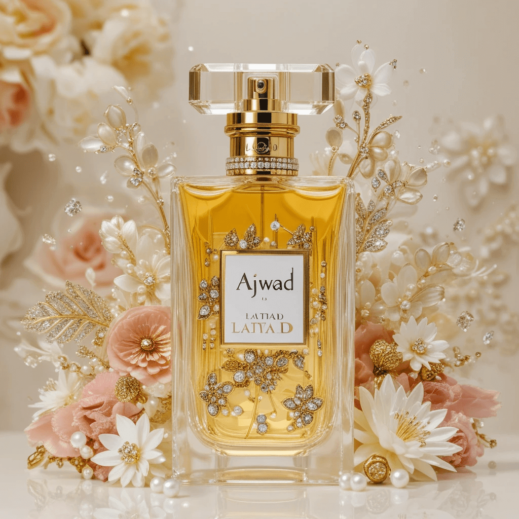 Lattafa Ajwad Original Perfume Spray, 100 mL (3.4 fl oz) bottle with floral accents and decorative elements, eau de parfum packaging.