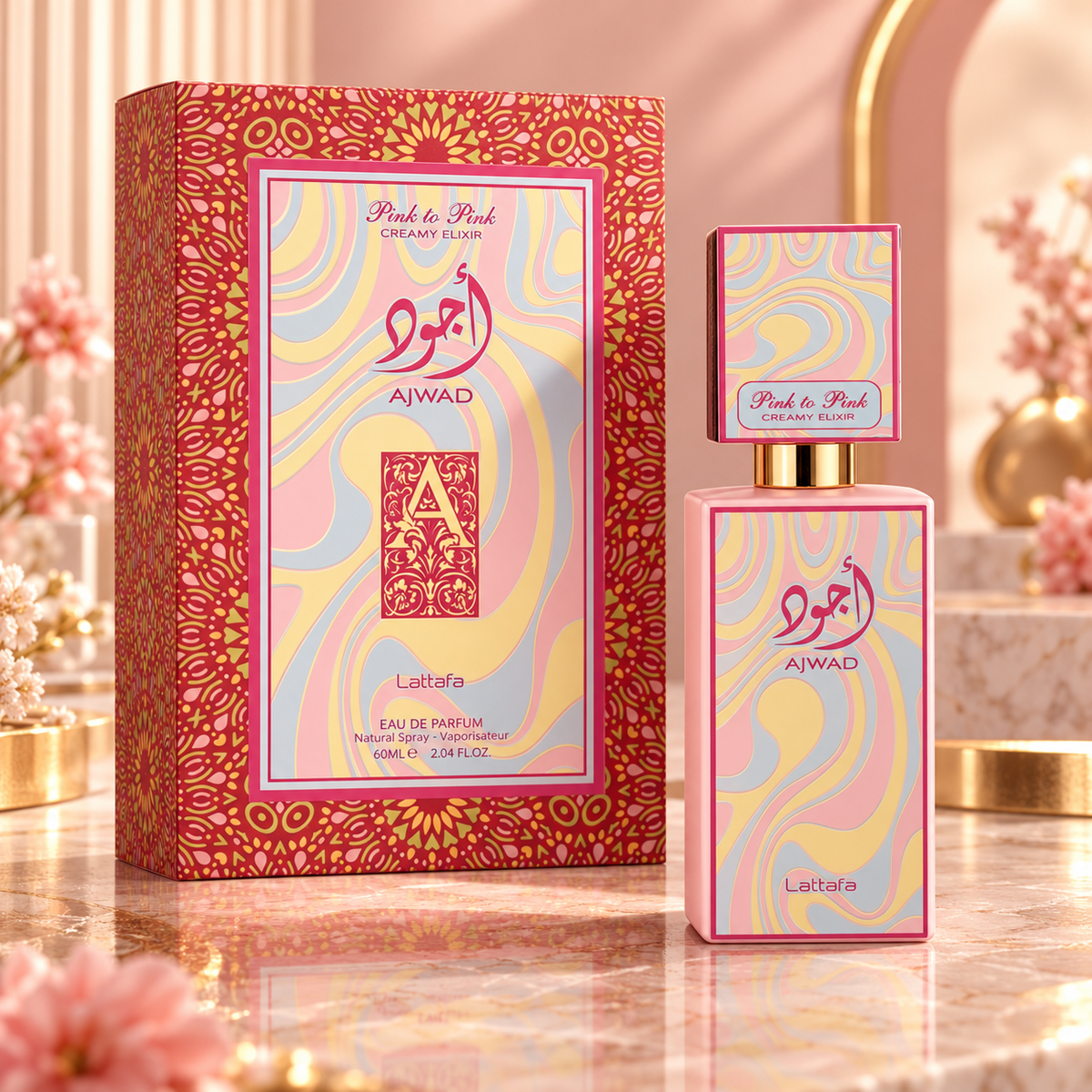 Lattafa Ajwad Pink to Pink Creamy Elixir Eau de Parfum 2.04 oz 60 mL bottle and box