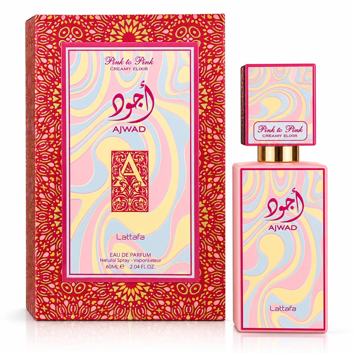 Lattafa Ajwad Pink to Pink Creamy Elixir Eau de Parfum 2.04 oz 60 mL bottle and box in a pink luxury setting