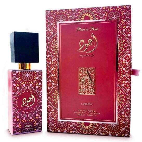 Lattafa Ajwad Pink to Pink Perfume Spray, 100 mL bottle and packaging, featuring pink and gold design, eau de parfum