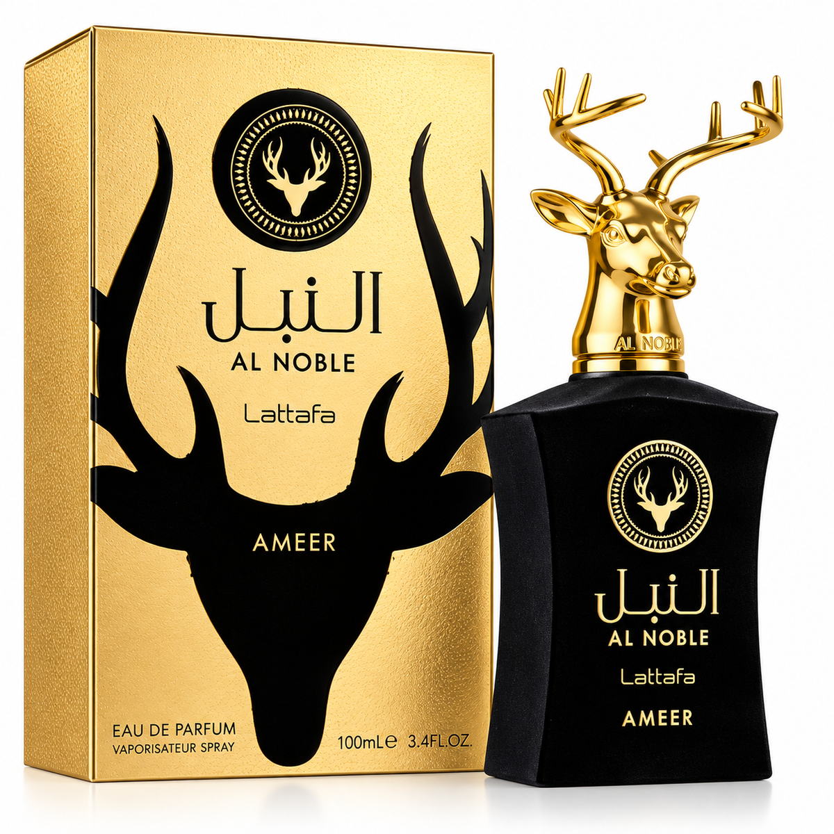 Lattafa Al Noble Ameer Eau de Parfum bottle and box in a black and gold presentation