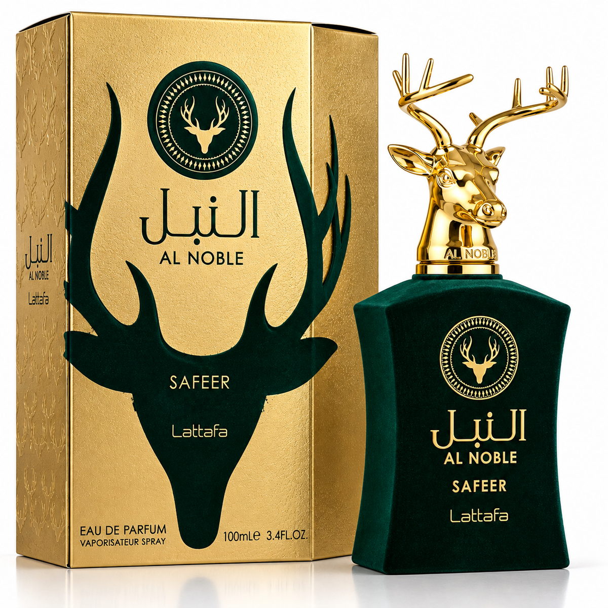 Lattafa Al Noble Safeer Eau de Parfum 3.4 oz 100 mL bottle and box in a green and gold luxury setting