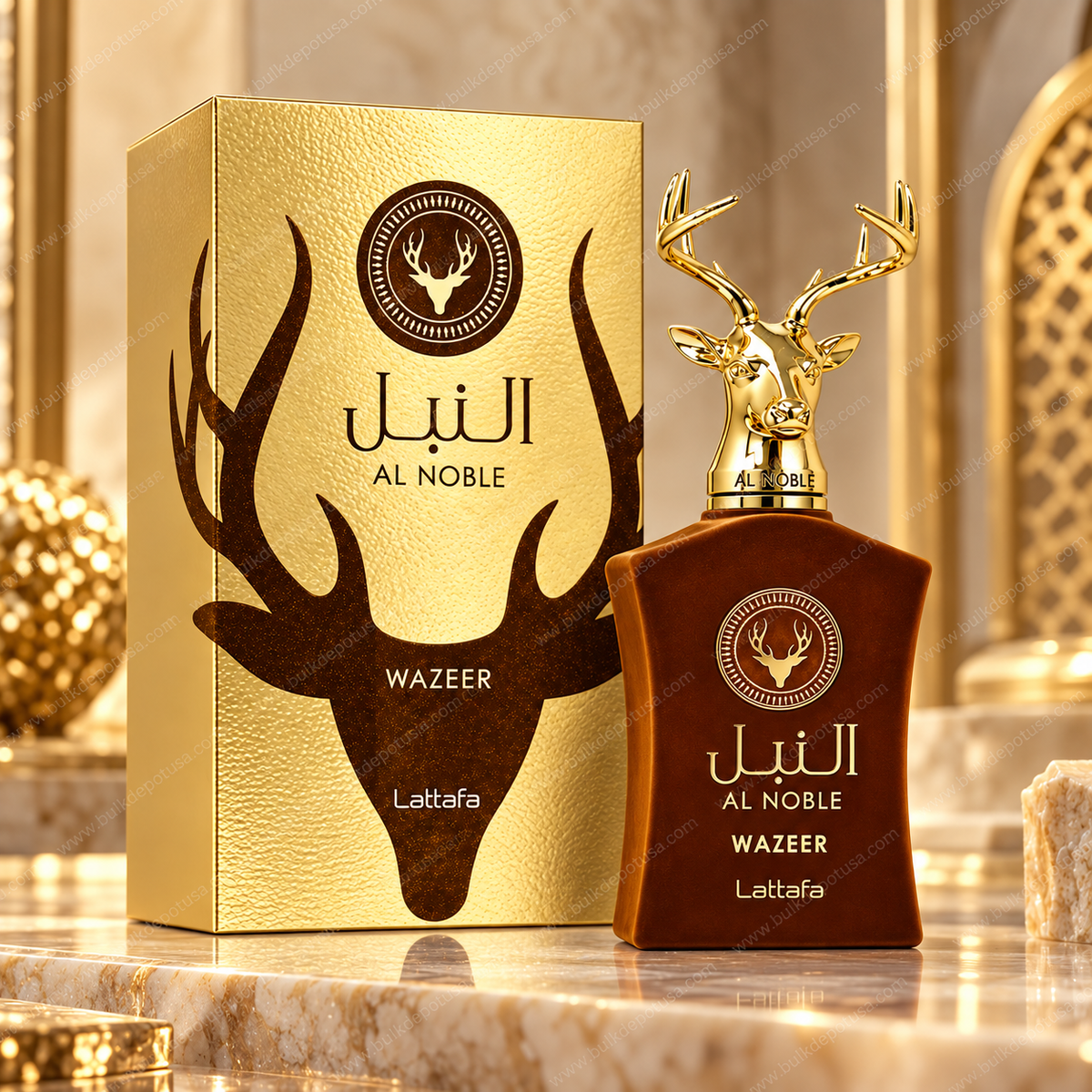 Lattafa Al Noble Wazeer EDP Spray 3.4 oz Unisex Fragrance in elegant brown bottle with gold deer-head cap and presentation box.