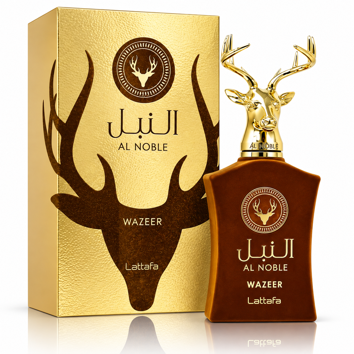 Lattafa Al Noble Wazeer EDP Spray 3.4 oz Unisex Fragrance in elegant brown bottle with gold deer-head cap