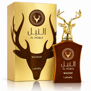 Lattafa Al Noble Wazeer EDP Spray 3.4 oz Unisex Fragrance in elegant brown bottle with gold deer-head cap