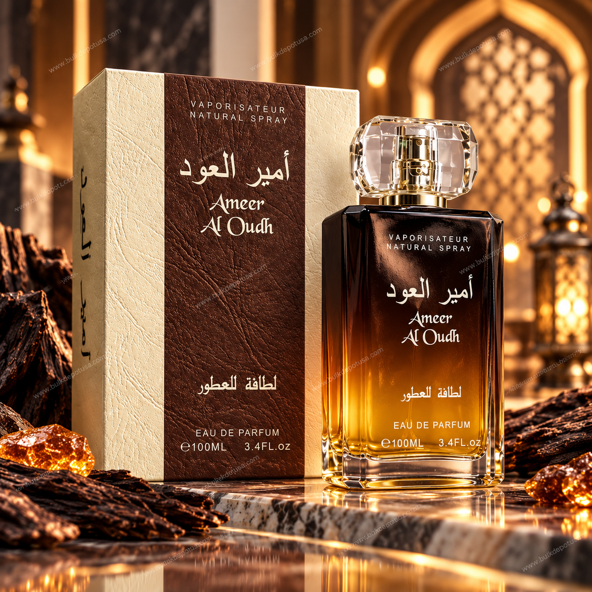 Lattafa Ameer Al Oudh Eau de Parfum bottle and box in a luxury oud setting