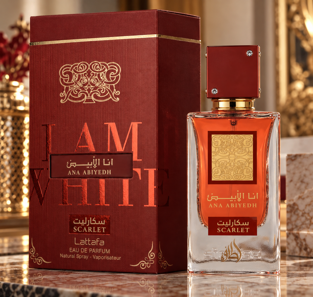 Lattafa Ana Abiyedh I Am White EDP perfume bottle and red box in luxury fragrance display - Bulk Depot LLC