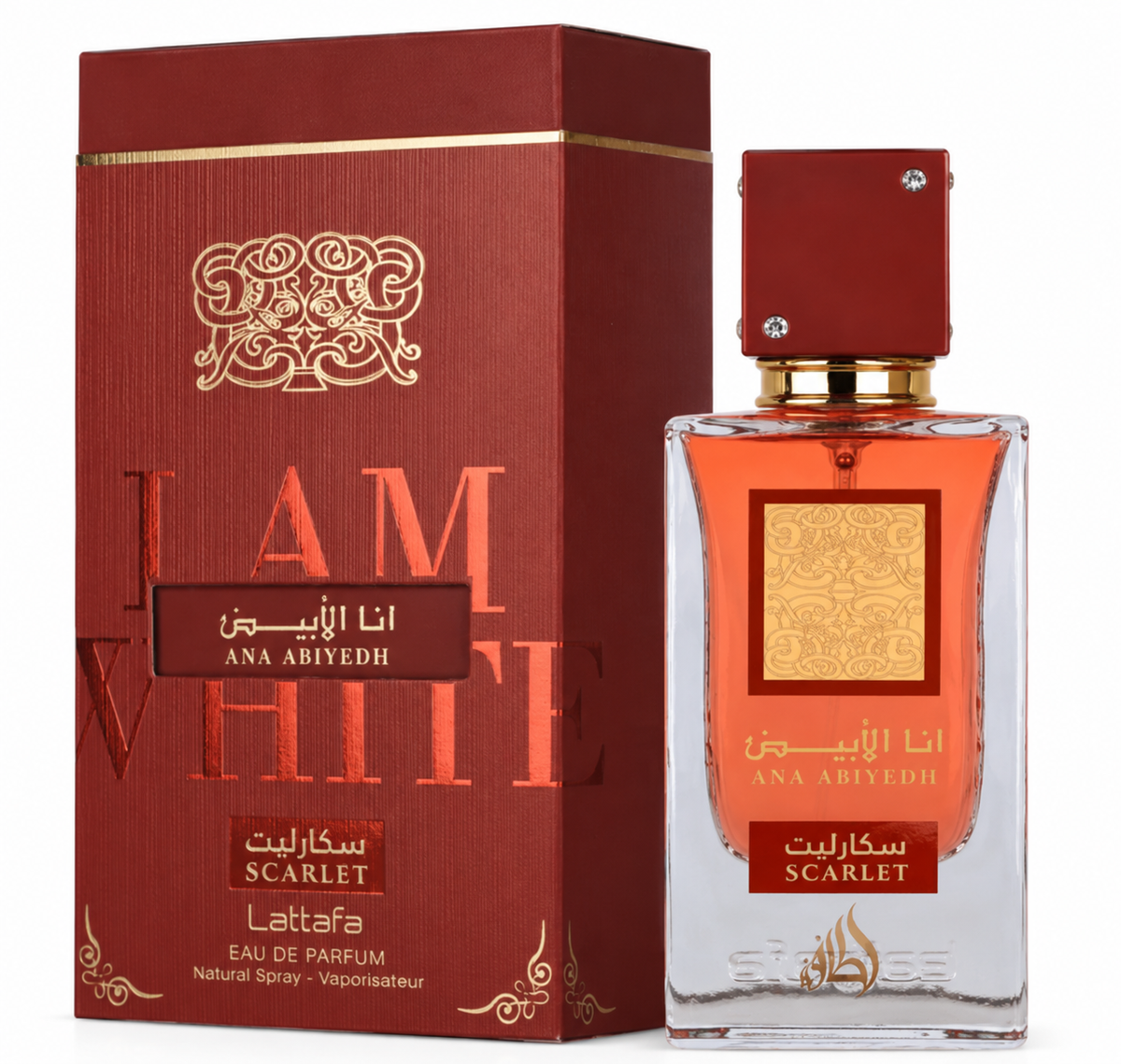 Lattafa Ana Abiyedh I Am White EDP perfume bottle and red box on white background - Bulk Depot LLC
