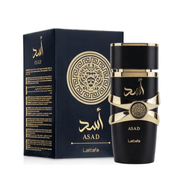 Lattafa Asad Black Perfume Spray, 100 mL (3.4 fl oz) bottle and box, perfume bottle, fragrance packaging, eau de parfum, body spray