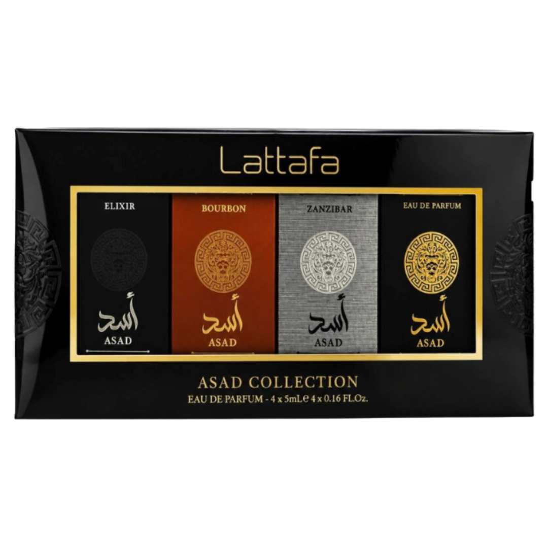 Lattafa Asad Collection 4-piece mini Eau de Parfum gift set for men with four 5 mL fragrances