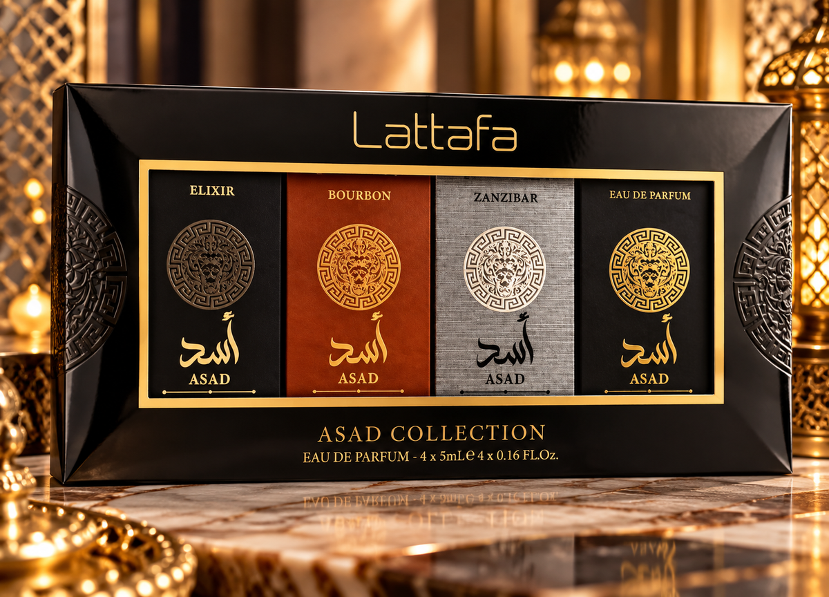 Lattafa Asad Collection four-piece mini fragrance gift set in a black and gold luxury display