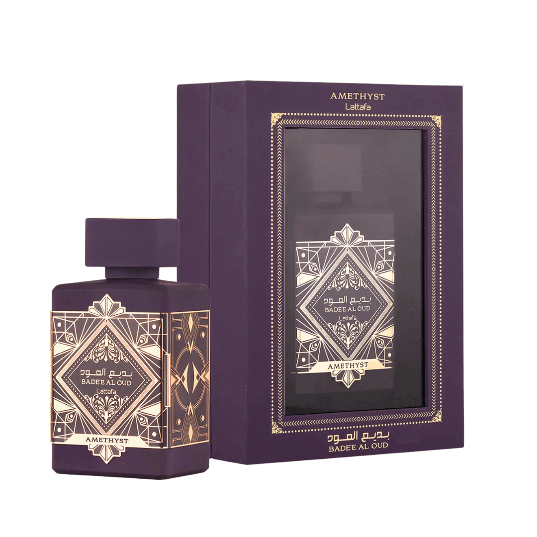 Lattafa Badee Al Oud Amethyst Perfume Spray, 100 mL (3.4 fl oz) bottle and packaging