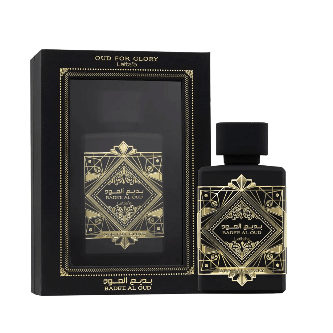 Lattafa Badee Al Oud Glory Perfume Spray, 100 mL (3.4 fl oz) in decorative black and gold fragrance packaging with visible perfume bottle.