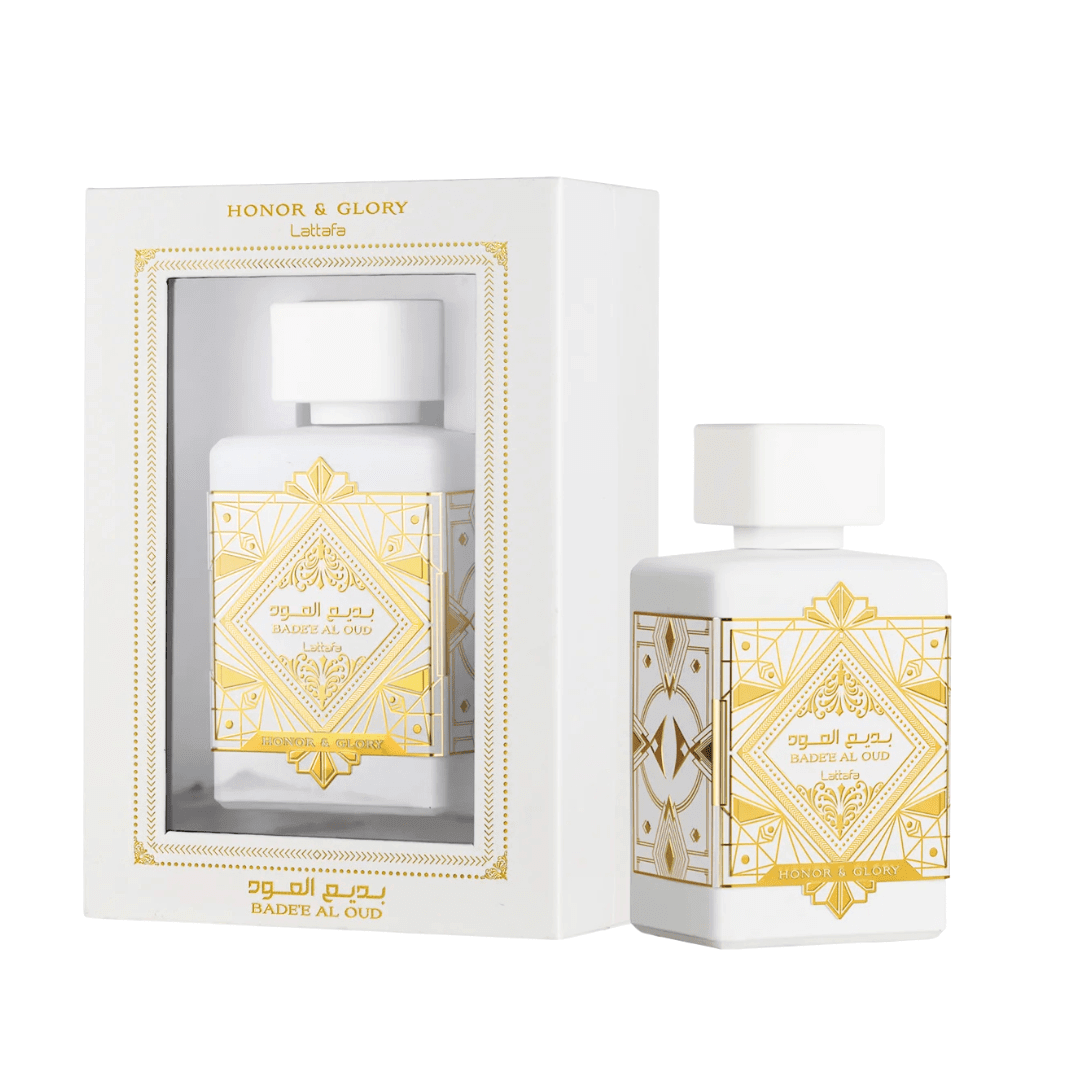 Lattafa Badee Al Oud Honor and Glory Perfume Spray, 100 mL (3.4 fl oz) with packaging, featuring elegant design and branding.