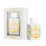 Lattafa Badee Al Oud Honor and Glory Perfume Spray, 100 mL (3.4 fl oz) with packaging, featuring elegant design and branding.