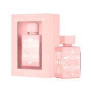 Lattafa Badee Al Oud Noble Blush Perfume Spray, 100 mL (3.4 fl oz) bottle with matching packaging, perfume bottle, fragrance packaging, eau de parfum.