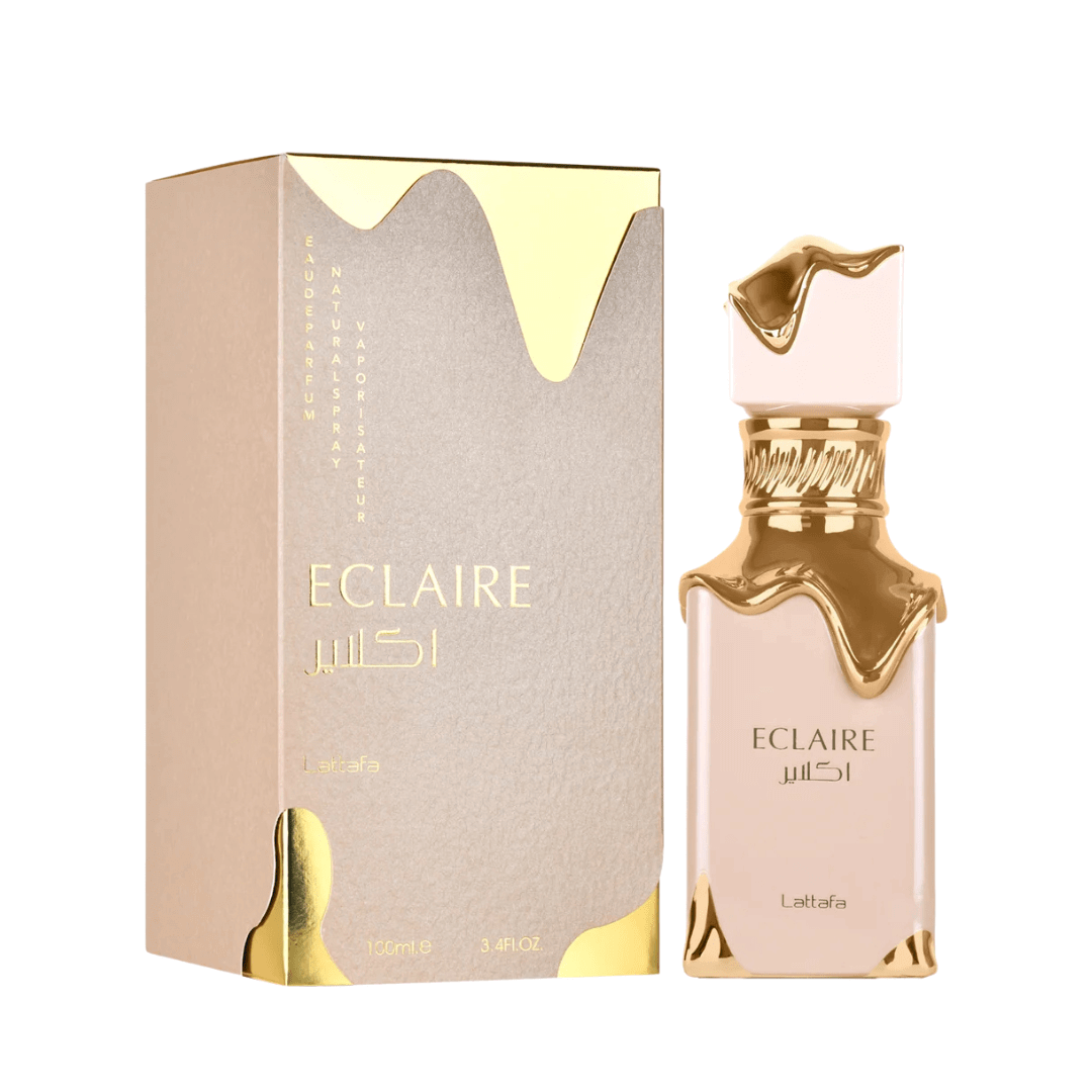 Lattafa Eclaire Perfume Spray, 100 mL (3.4 fl oz) bottle and packaging with gold accents, eau de parfum, fragrance packaging, body spray