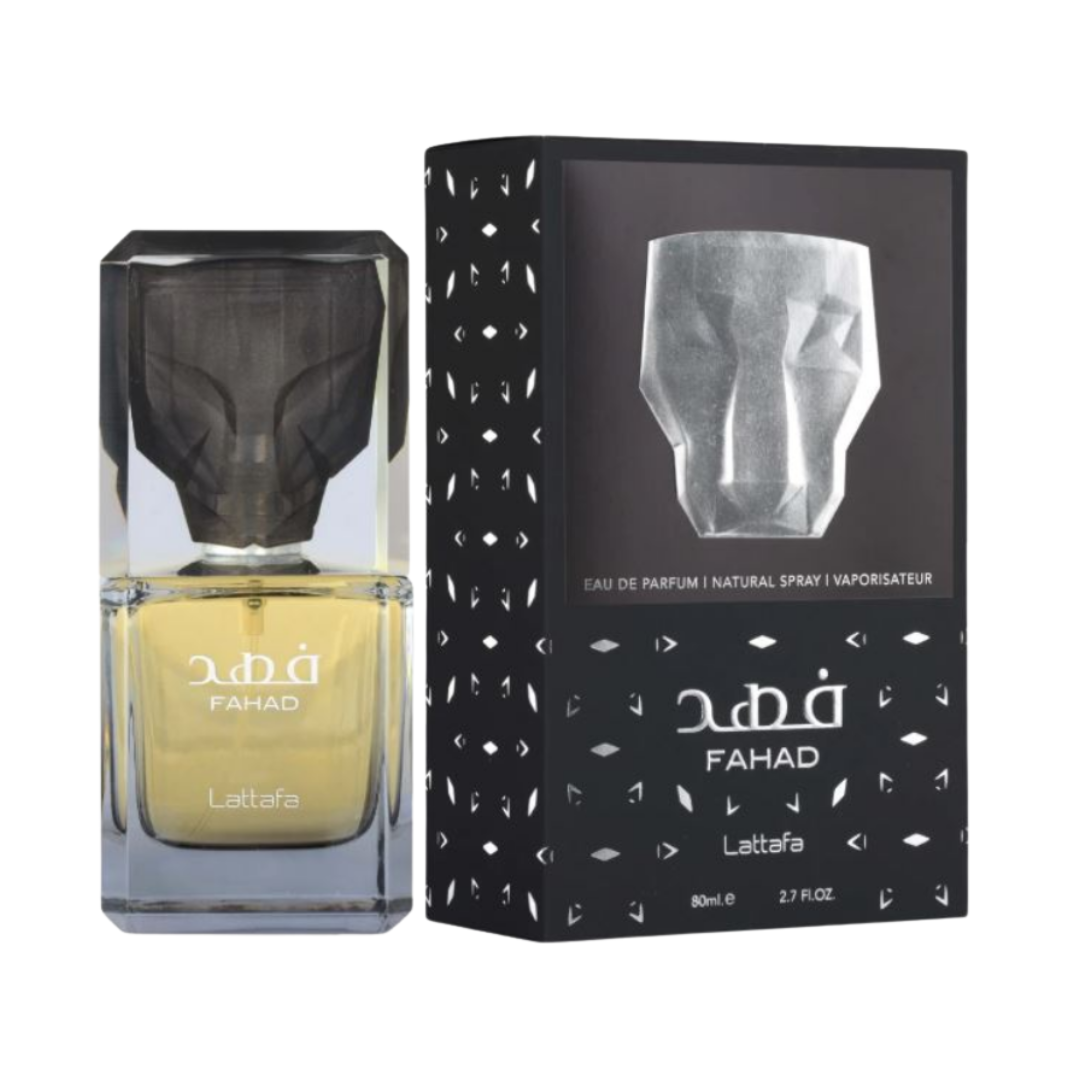 Lattafa Fahad Eau de Parfum for Men 2.7 oz 80 mL bottle and box