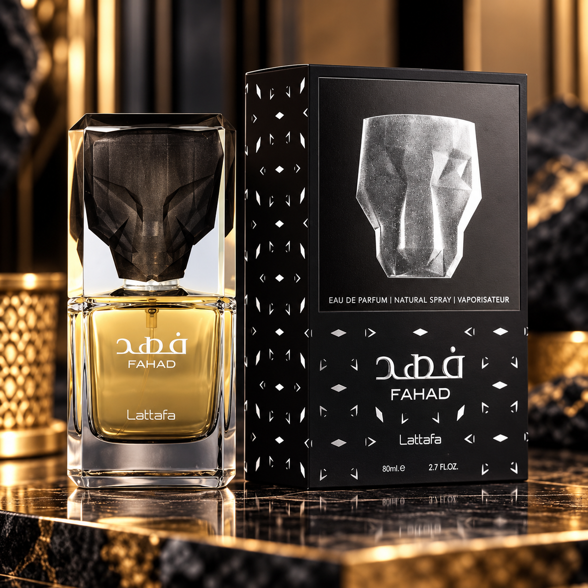 Lattafa Fahad Eau de Parfum for Men bottle and box in a black and gold luxury setting