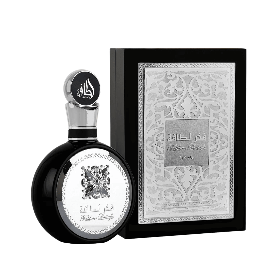 Lattafa Fakhar Black Perfume Spray, 100 mL (3.4 fl oz) bottle and box packaging
