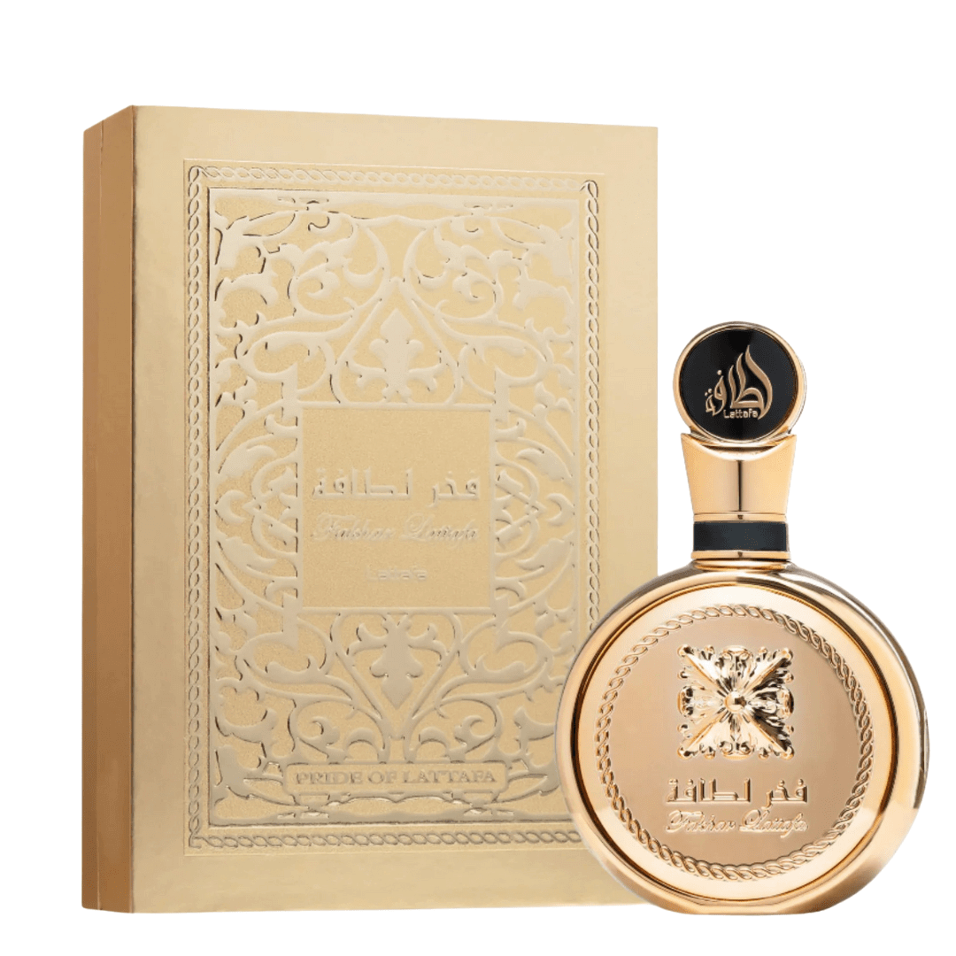 Lattafa Fakhar Extrait Perfume Spray, 100 mL (3.4 fl oz) perfume bottle and packaging