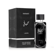 Lattafa Hayaati Perfume Spray, 100 mL (3.4 fl oz), black perfume bottle and packaging, eau de parfum, fragrance packaging