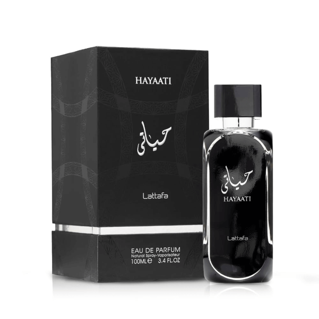 Lattafa Hayaati Perfume Spray, 100 mL (3.4 fl oz), black perfume bottle and packaging, eau de parfum, fragrance packaging
