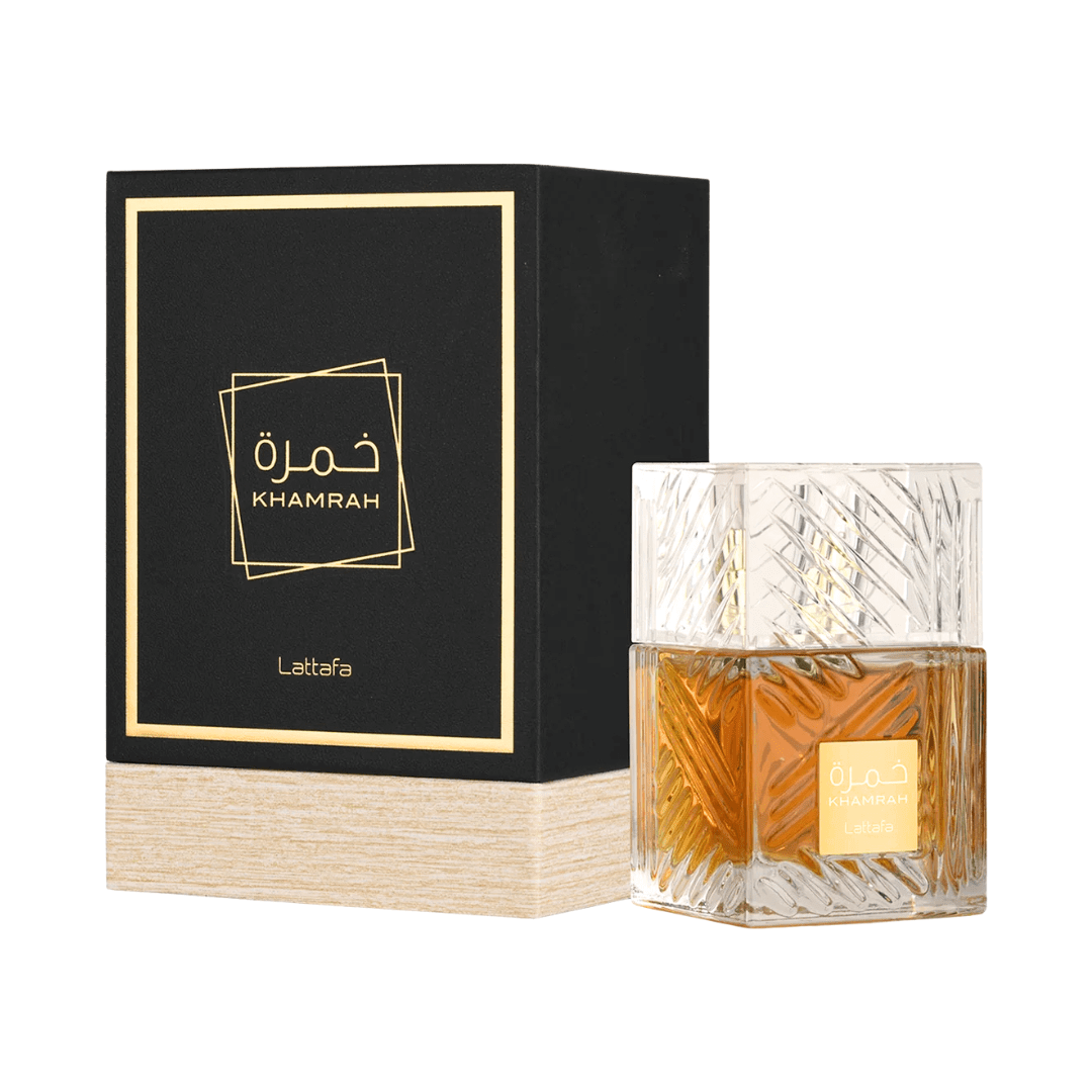 Lattafa Khamra Original Perfume Spray, 100 mL (3.4 fl oz) perfume bottle and box packaging showcasing eau de parfum fragrance.