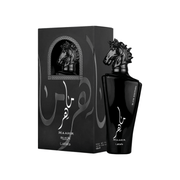 Lattafa Maahir Black Edition Perfume Spray, 100 mL (3.4 fl oz) bottle and box with horse head design, eau de parfum packaging.