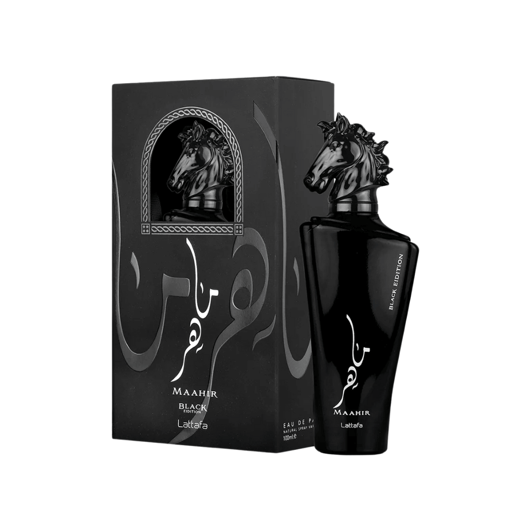 Lattafa Maahir Black Edition Perfume Spray, 100 mL (3.4 fl oz) bottle and box with horse head design, eau de parfum packaging.