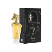 Lattafa Maahir Gold Perfume Spray, 100 mL (3.4 fl oz) bottle and packaging with horse-shaped cap
