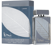 Lattafa Najdia Intense Eau De Parfum Spray 3.4 oz (100 mL) perfume bottle and box with leaf design