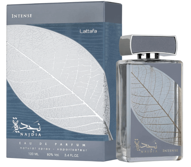 Lattafa Najdia Intense Eau De Parfum Spray 3.4 oz (100 mL) perfume bottle and box with leaf design