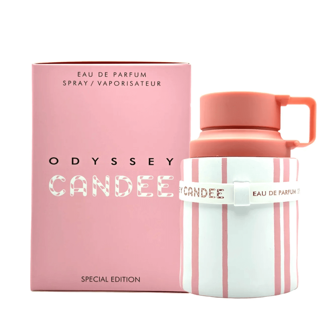 Armaf Odyssey Candee Perfume Spray, 100 mL (3.4 fl oz) bottle and box in pink and white design, eau de parfum fragrance packaging