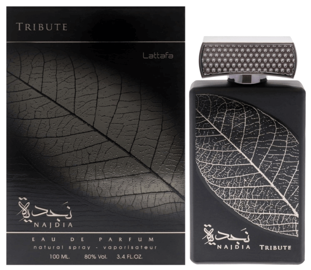 Lattafa Najdia Tribute Eau De Parfum Spray 3.4 fl oz, black perfume bottle and box with leaf design, fragrance packaging