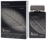 Lattafa Najdia Tribute Eau De Parfum Spray 3.4 fl oz perfume bottle and packaging with leaf design