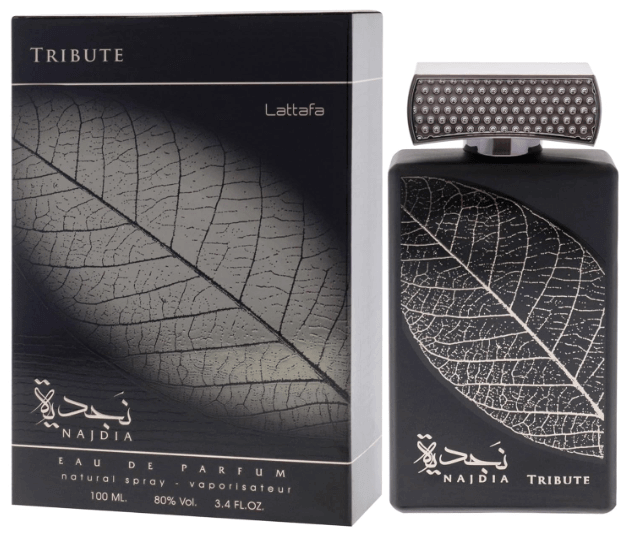Lattafa Najdia Tribute Eau De Parfum Spray 3.4 fl oz perfume bottle and packaging with leaf design
