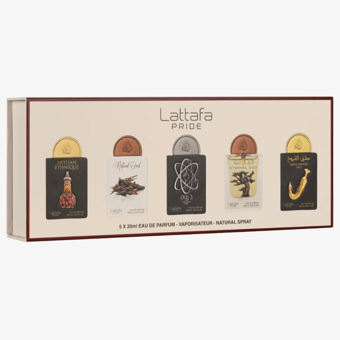 Lattafa Pride 5×20 mL Gift Set Eau de Parfum – Unisex Mini Collection (Artisan Ethnique Edition) packaging with five perfume bottles.