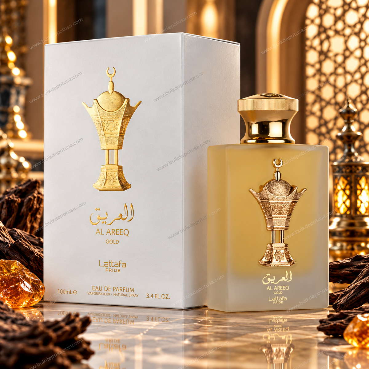 Lattafa Pride Al Areeq Gold Eau de Parfum bottle and box in a luxury amber setting