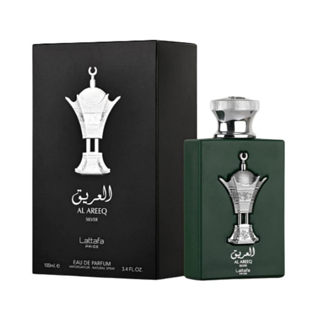 Lattafa Pride Al Areeq Silver Eau de Parfum 3.4 oz 100 mL bottle and box