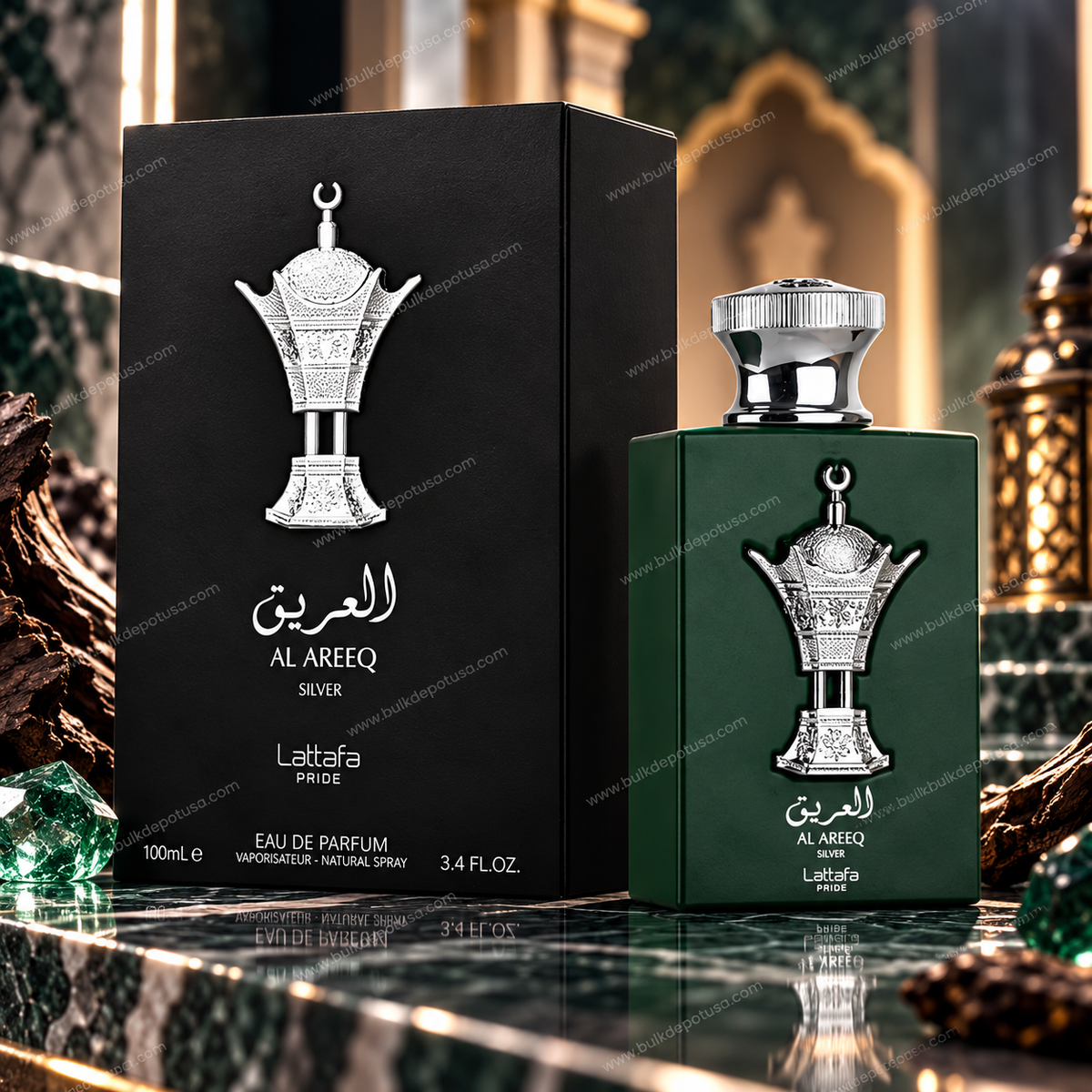 Lattafa Pride Al Areeq Silver Eau de Parfum bottle and box in a luxury setting